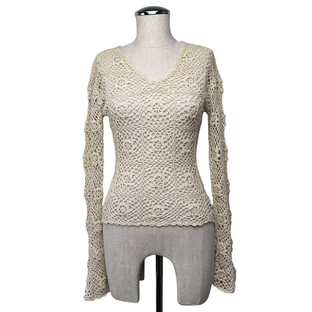 Vintage Y2K White House Black Market Crochet Knit Top Long Sleeve Cream XS